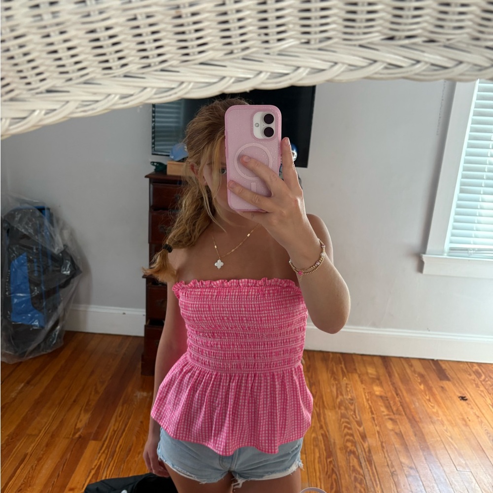 Pink Smocked Strapless Top